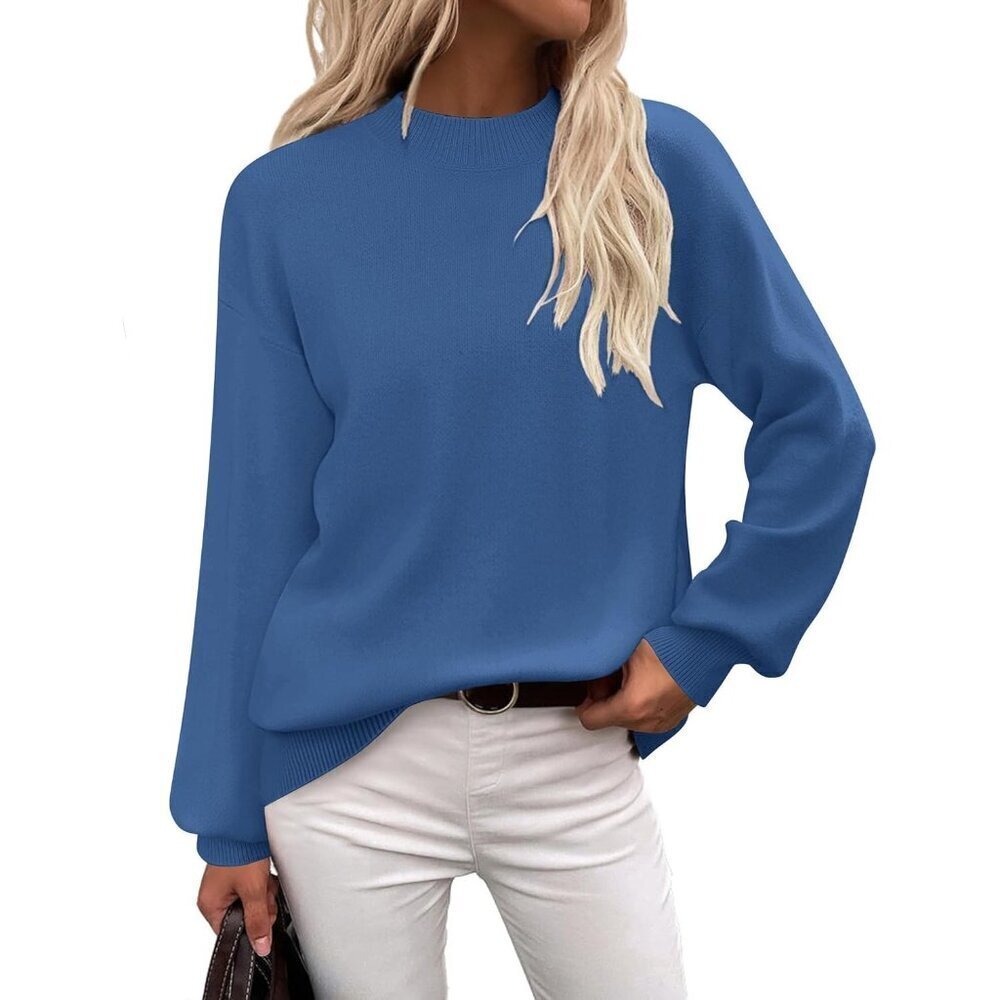 Zeagoo Women's Blue Long Sleeve Pullover Ribbed Knitted Pattern Sweater